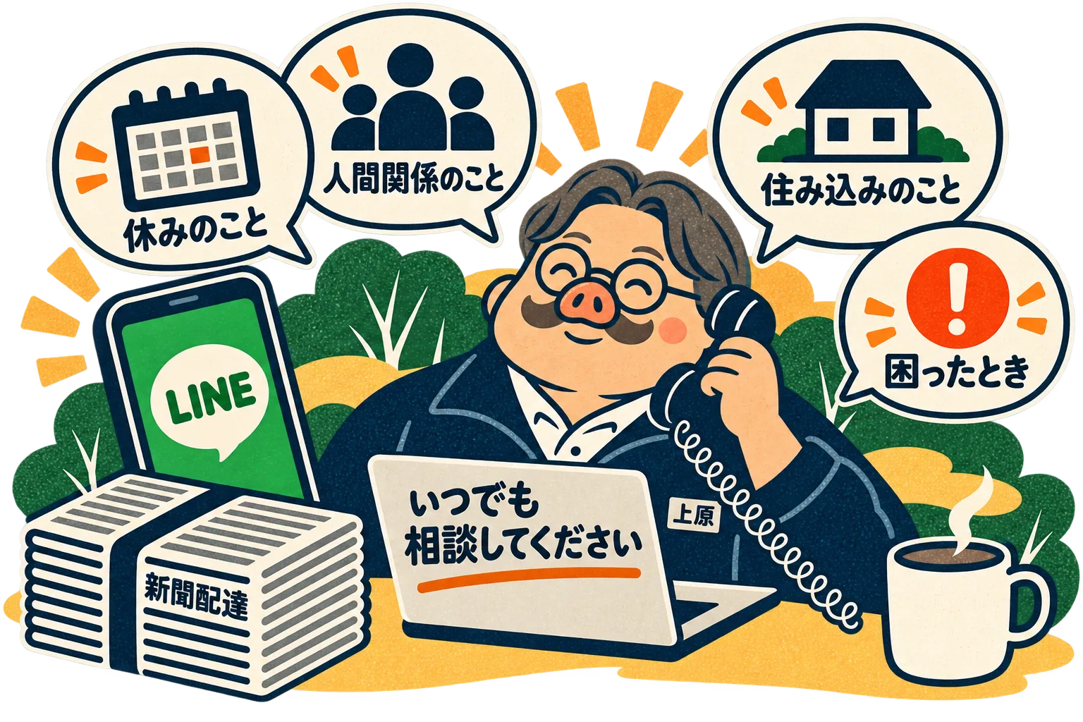 上原さんがLINEと電話で、休み・人間関係・住み込みなどの相談を受ける場面