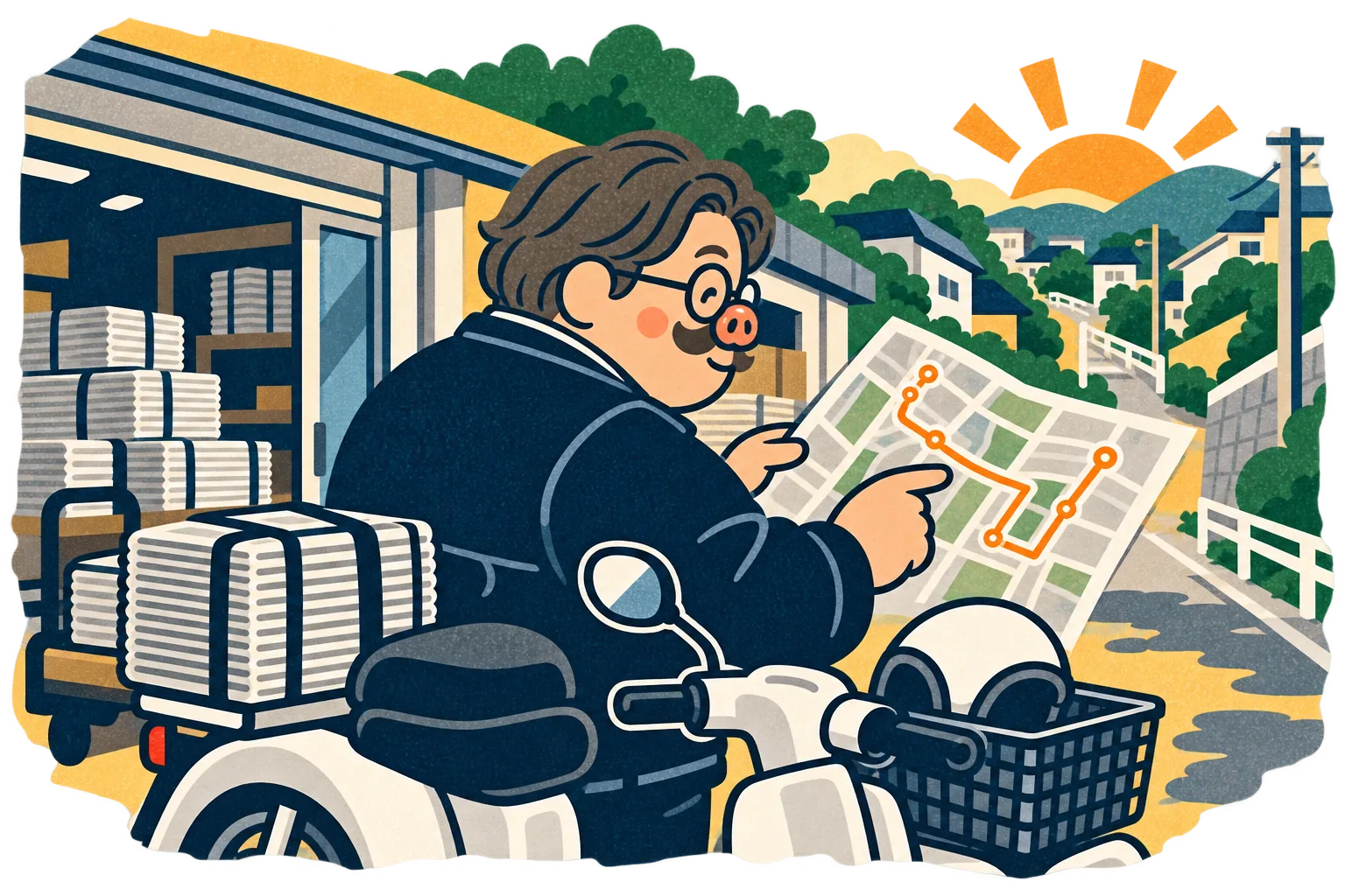 上原さんが地図と順路を確認している場面