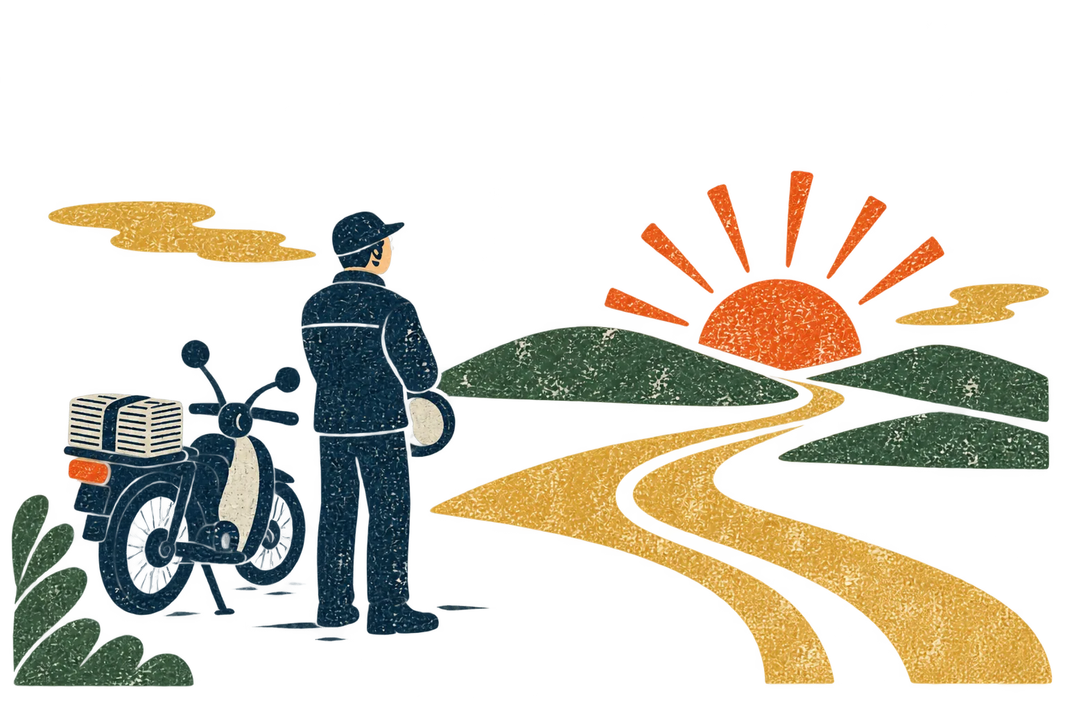 配達バイクと新聞束のそばから、朝日に向かって道が続く情景