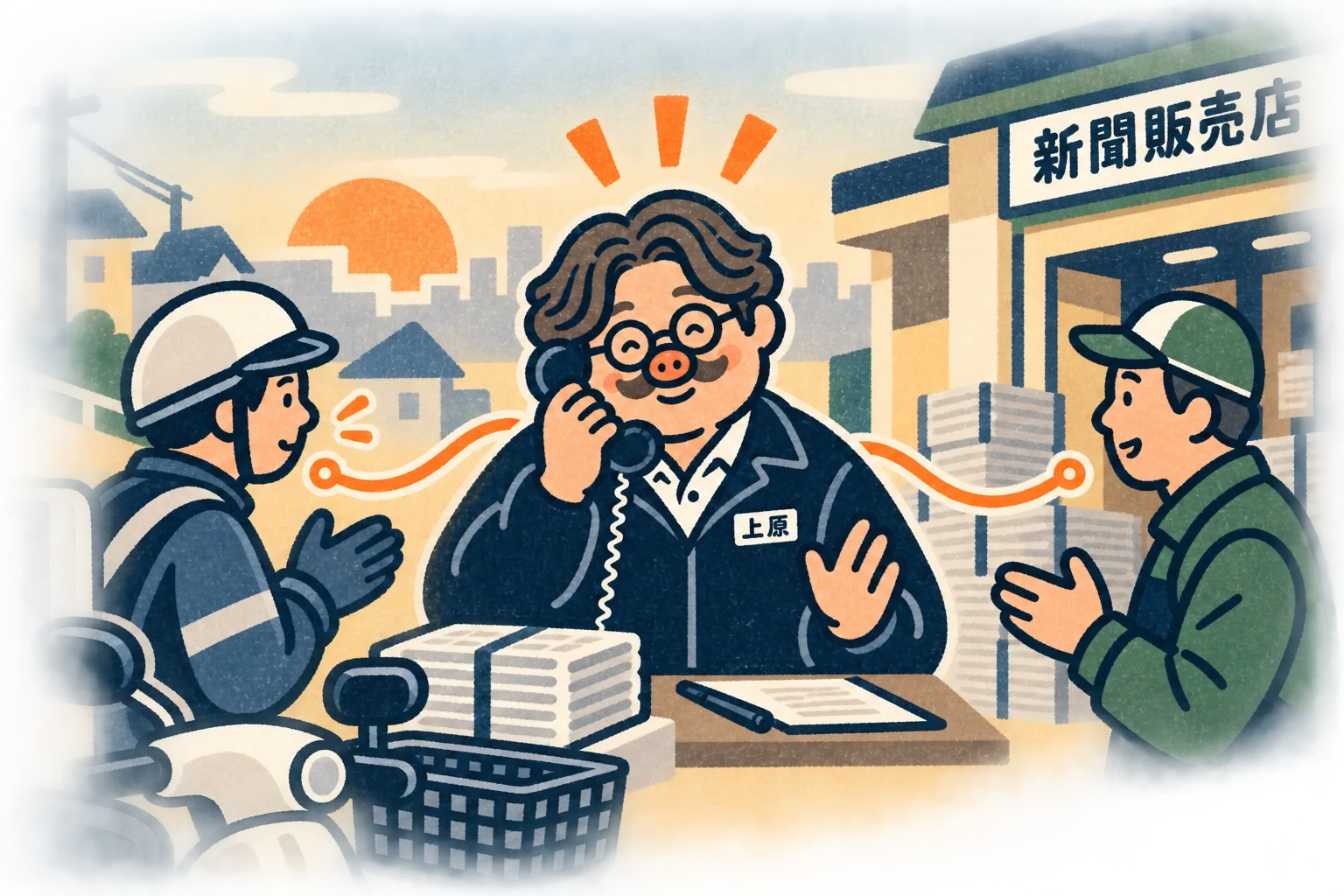 配達員、上原さん、販売店側の三者が話を確認している場面